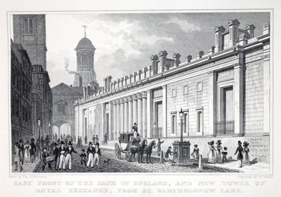 East Front of the Bank of England and New Tower of the Royal Exchange from St Bartholomew Bank, from 
